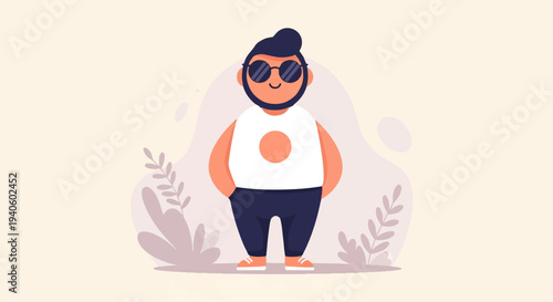 Stylized illustration of a smiling, chubby man with sunglasses and a minimalist outfit