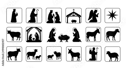 Nativity scene silhouette icons set black and white christmas symbols religious holiday graphics