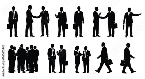 A collection of black silhouette figures depicting various business interactions including handshakes meetings and walking professionals high quality professional