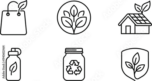 Eco friendly icons with leaves and household items