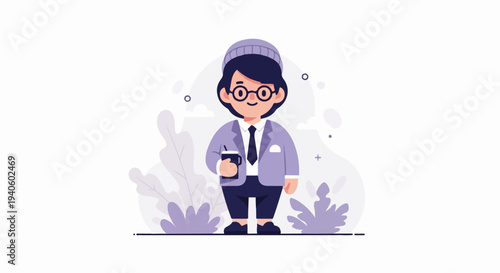 Stylized illustration of a person in a suit and beanie holding a cup