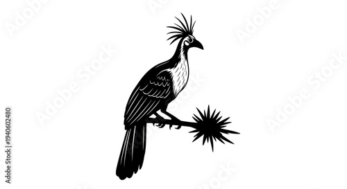Bird with crest perched on thorny branch black and white illustration wildlife symbol