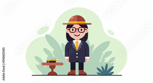 A person in a suit and hat stands before abstract greenery, with a small table holding books nearby