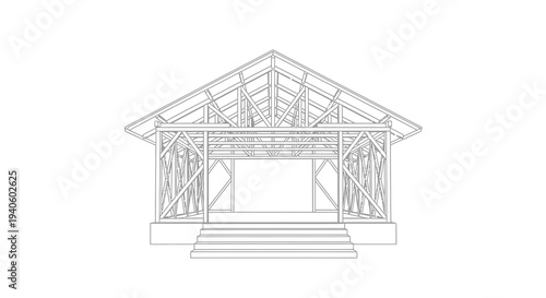 A minimalist black and white line drawing depicts the structural frame of a small open air building with a stepped platform