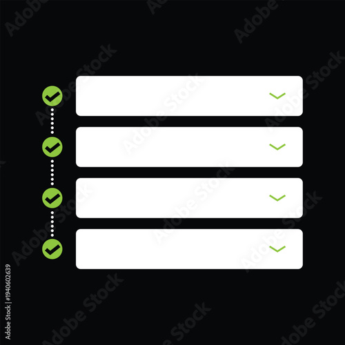 Checklist for task completion with green checkmarks and dots against dark background, clean design for business and organizational tasks