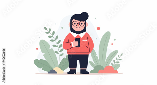 A stylized character with a beard and glasses holds a smartphone amidst lush foliage