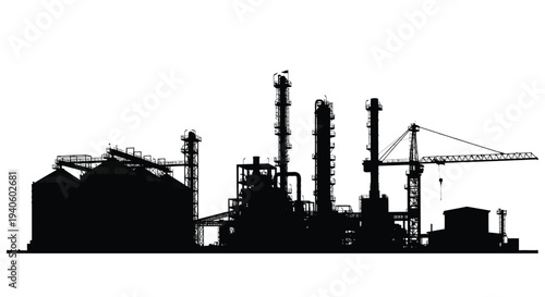 A stark silhouette depicts a large industrial complex featuring oil refineries storage tanks and construction cranes against a white background
