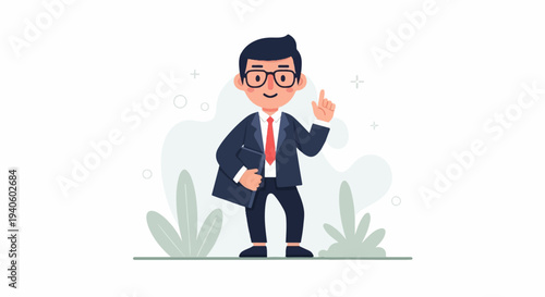 A cheerful cartoon businessman in a suit and tie, holding a folder and raising a finger