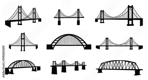 A collection of diverse bridge silhouettes showcasing various architectural designs and structural engineering approaches in black high quality professional