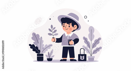 A stylized child in a hat holds a plant and phone, surrounded by potted plants and abstract shapes