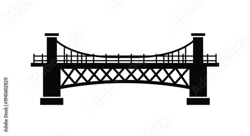 A minimalist black and white illustration depicts a suspension bridge with prominent towers and a detailed undercarriage high quality