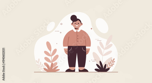 A stylized person stands between abstract shapes and plant elements, against a neutral backdrop