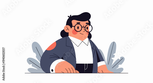 Cheerful person in a suit and glasses, with plants behind them