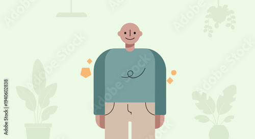 Minimalist bald person in teal shirt and tan pants, plants, and abstract shapes