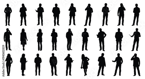 A collection of twenty seven black silhouettes depicting various people in everyday poses and attire against a stark white background