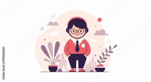 A cheerful, cartoonish figure with headphones and glasses stands, smiling amidst abstract shapes