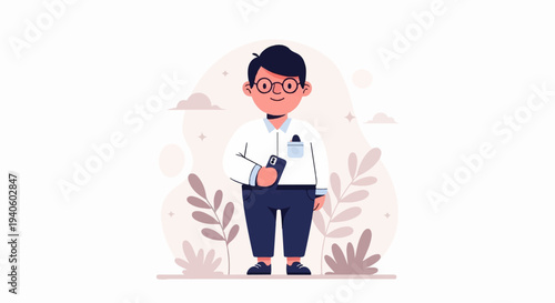 A cartoon man with glasses and a white shirt holds a phone