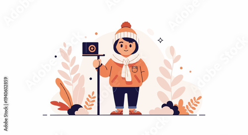 Cartoon person in winter clothes holding a camera on a stick