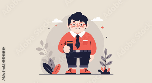 Stylized character in business attire holds a book, amidst abstract shapes and foliage
