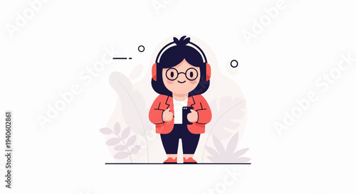 Cartoon character with headphones holding a phone, wearing glasses and a jacket