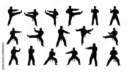 Various silhouettes of people performing martial arts
