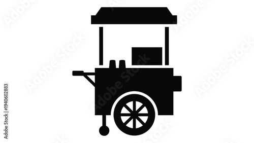 A black silhouette of a food cart with a wheel