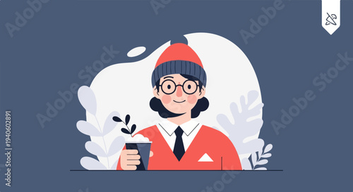 Cheerful person in beanie and glasses holds a plant in a cup