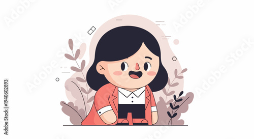 Adorable cartoon character with dark hair, rosy cheeks, and a coral jacket