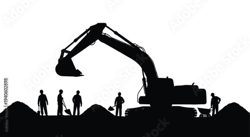 A striking silhouette depicts a large excavator and several workers positioned against a cloudy minimalist background high quality professional