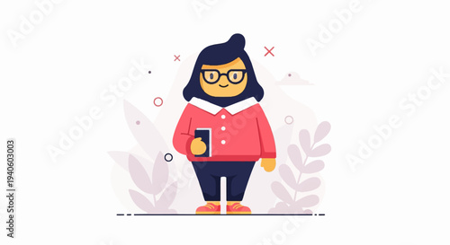 A person with glasses and dark hair wearing a red jacket and blue pants, holding a phone