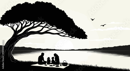 Family having a picnic under a tree by the lake.