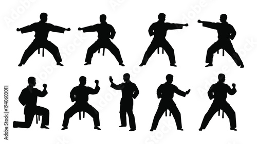 A group of black silhouettes of people performing martial arts