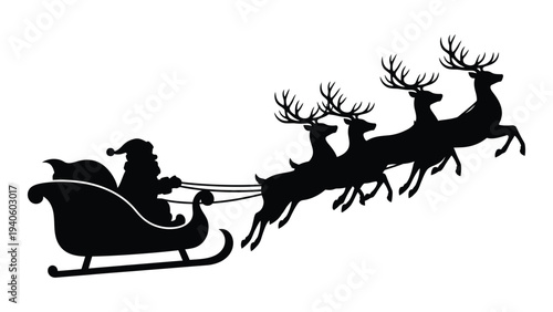 Santa claus rides through the night sky in his sleigh pulled by reindeer