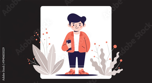 A cheerful young person holding a phone, surrounded by stylized foliage