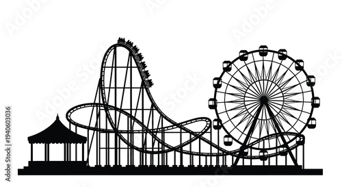 A striking black silhouette depicts a vibrant amusement park scene featuring a rollercoaster ferris wheel and charming gazebo