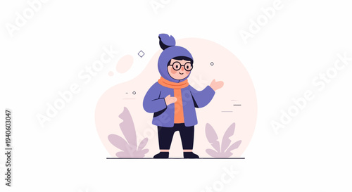 A smiling child in winter attire, wearing a blue coat, orange scarf, and a matching hat