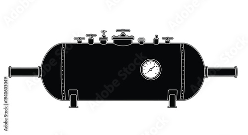 A stark black and white illustration depicts a cylindrical pressure vessel with multiple valves gauges and supporting legs high quality professional