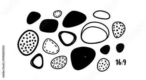 Collection of abstract black shapes and patterns on white background.