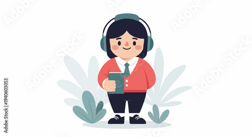 Cute cartoon person in headphones and cardigan holds a book near plants