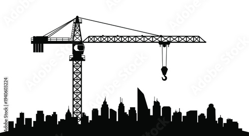 A stark black silhouette depicts a towering construction crane overlooking a silhouetted cityscape at dusk high quality professional detailed