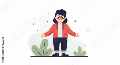 Friendly character in red jacket, blue pants, and glasses with outstretched arms among abstract shapes and plants