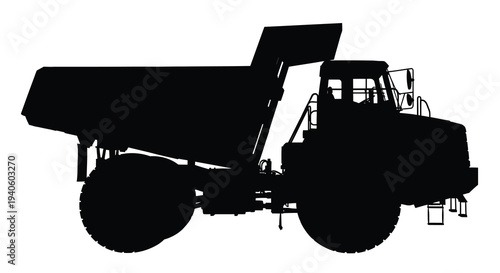 A stark silhouette of a large heavy duty mining dump truck is prominently displayed against a plain white background