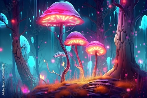Abstract Fantasy Forest Landscape with Glowing Lights Colorful Digital Art