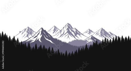 A striking illustration depicts a range of snow capped mountains rising above a dense forest silhouette high quality professional detailed