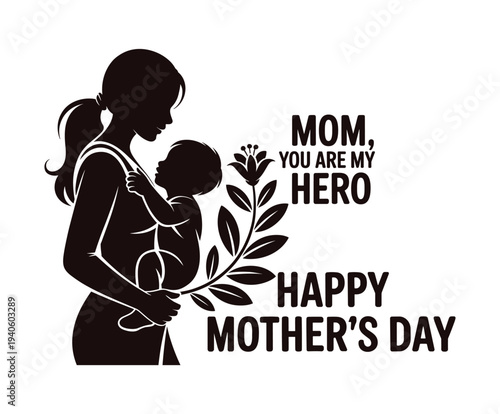Happy Mothers Day celebrate. Silhouette mother holding baby with flowers.