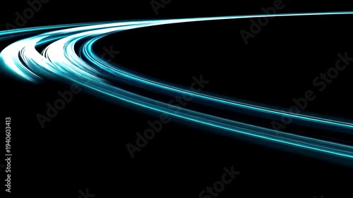 Abstract blue glowing curved lines on black background.