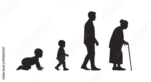 A stark silhouette illustrates the human life cycle progressing from infancy to old age with four distinct figures