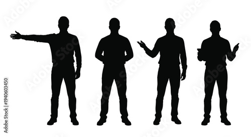 A collection of four silhouetted men in various poses showcasing different gestures and holding objects high quality professional detailed