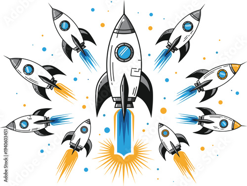 Rocket launch collection with multiple spaceships blasting off with colorful flames space exploration startup growth and innovation concept illustration isolated on white background