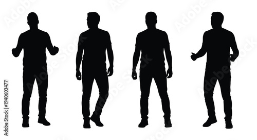 A series of four identical black silhouettes depict men standing in various poses suggesting movement or a sequence of actions
